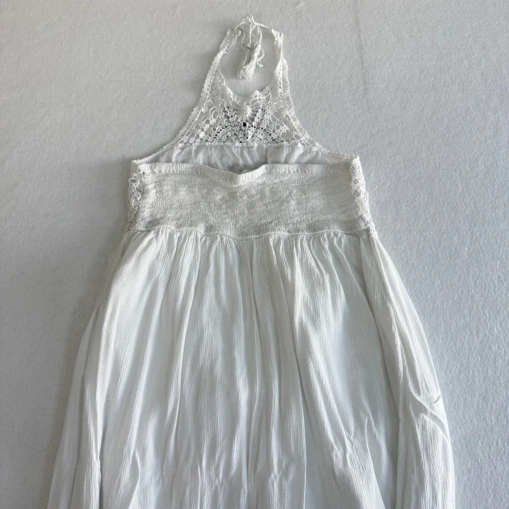 Venus Crochet Beaded Halter Maxi Dress Women XL White‎ Boho Gauze Smocked Back